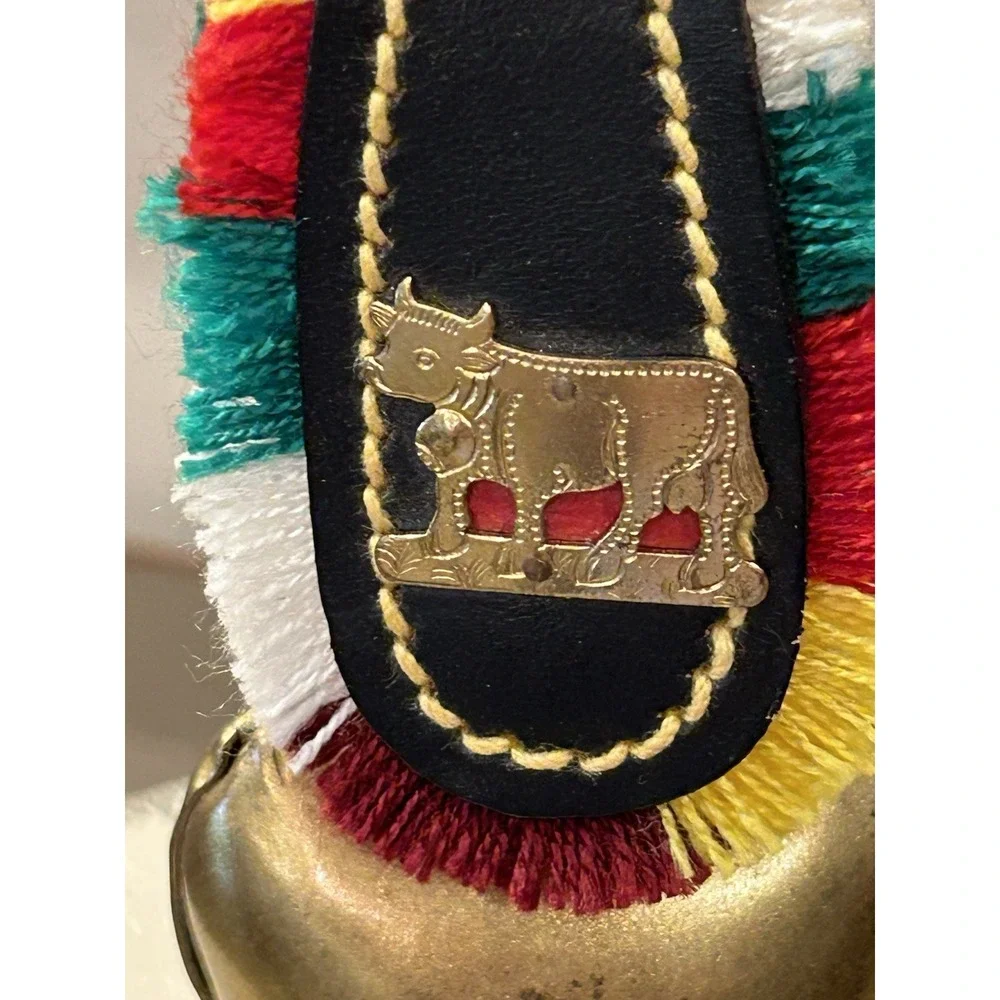 Vintage European Metal Cowbell With‎ Leather Strap, Colorful Fringe